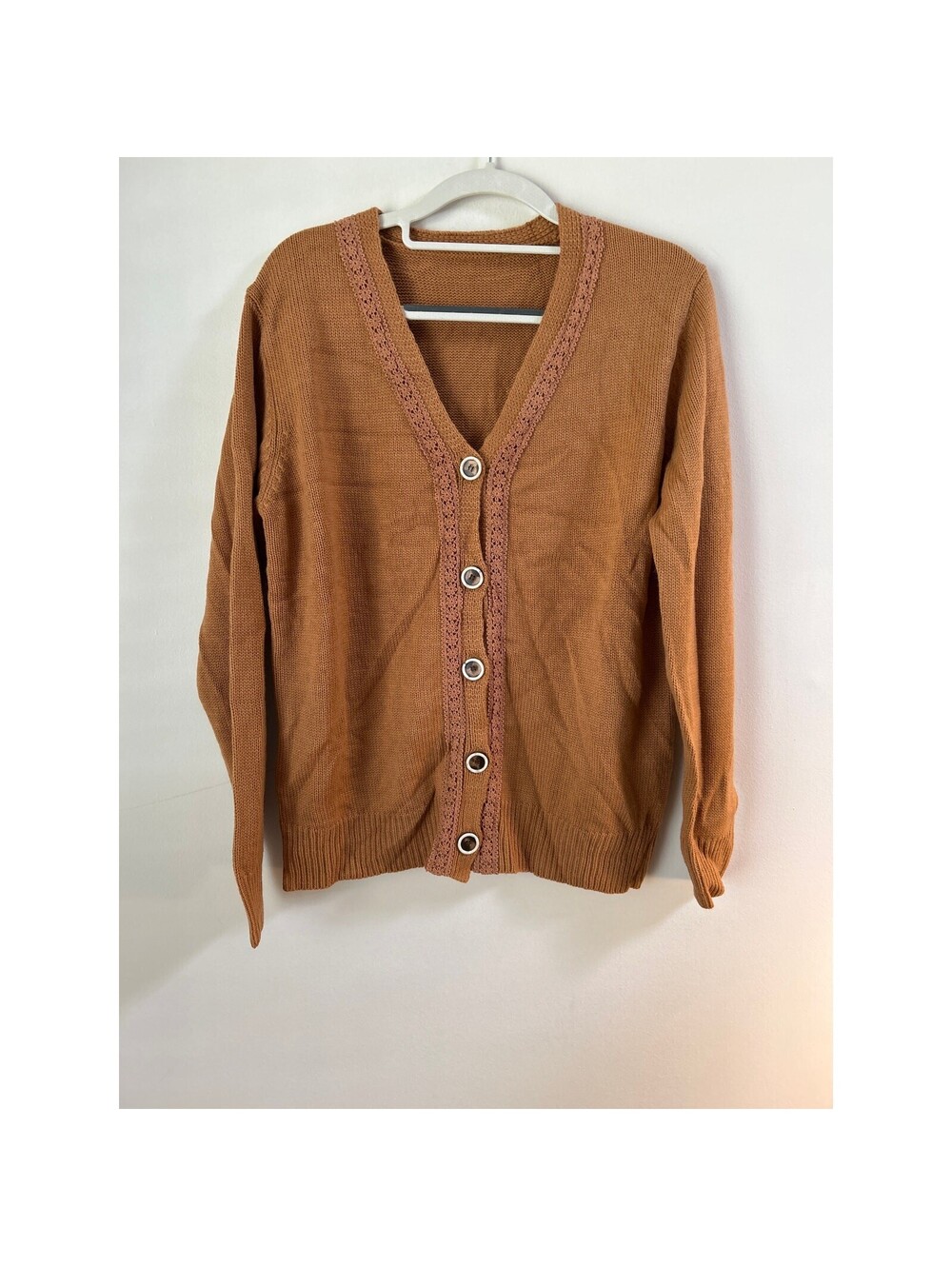 Womens Small Brown Cardigan Sweater Button Front Crochet Trim Cottagecore